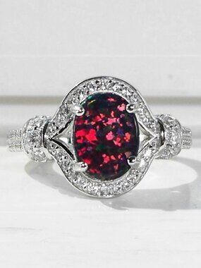 925 STERLING SILVER Lab Created Black Fire Opal Cubic Zirconia Ring